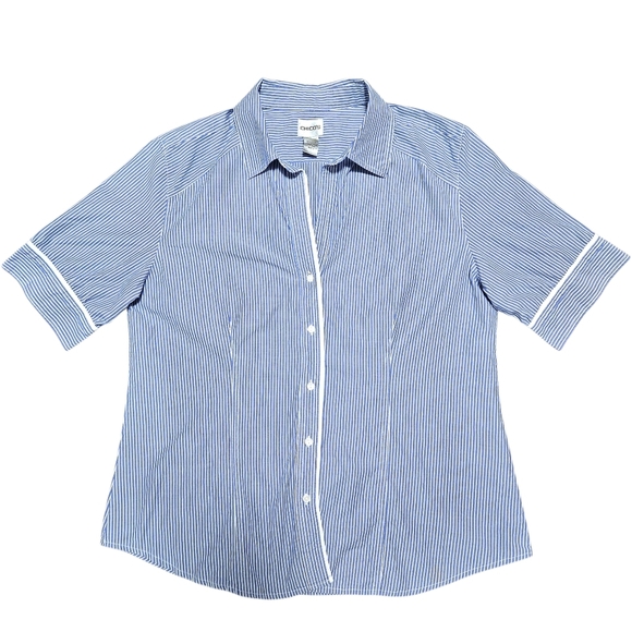 Chico's Blue White Stripe Button Front Shirt 2 / L Cotton Piping Coastal Preppy - Picture 4 of 13